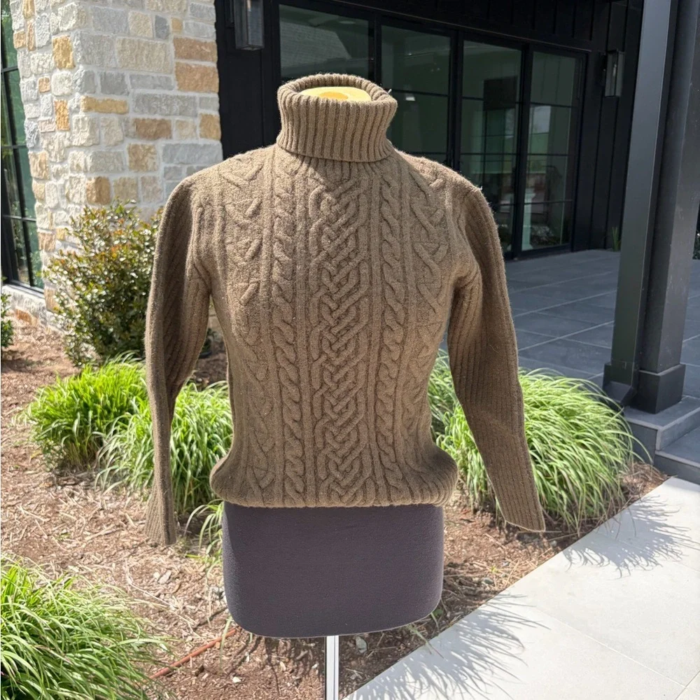 A|X Armani Exchange Wool Cashmere Cable Knit Turtleneck Sweater Green Fitted